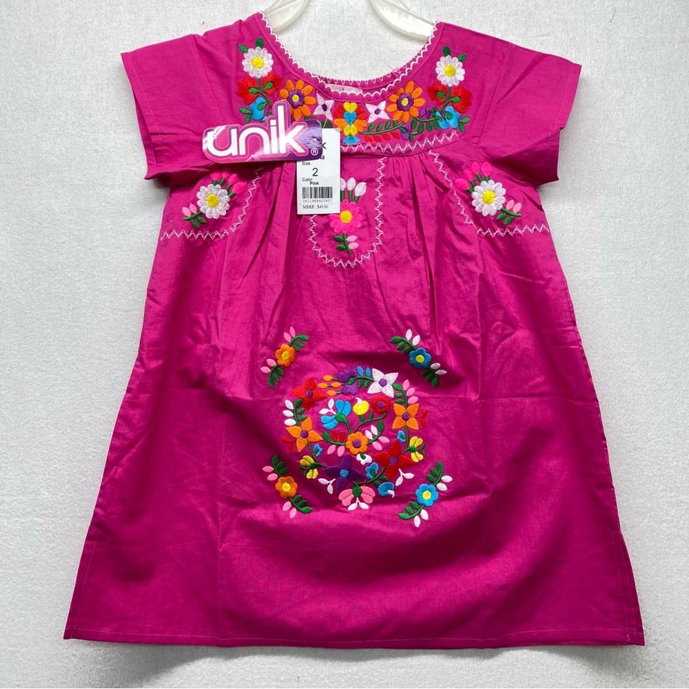 Unik Traditional Mexican Bright Fuchsia Embroidered Floral Dress Size 2 Casual